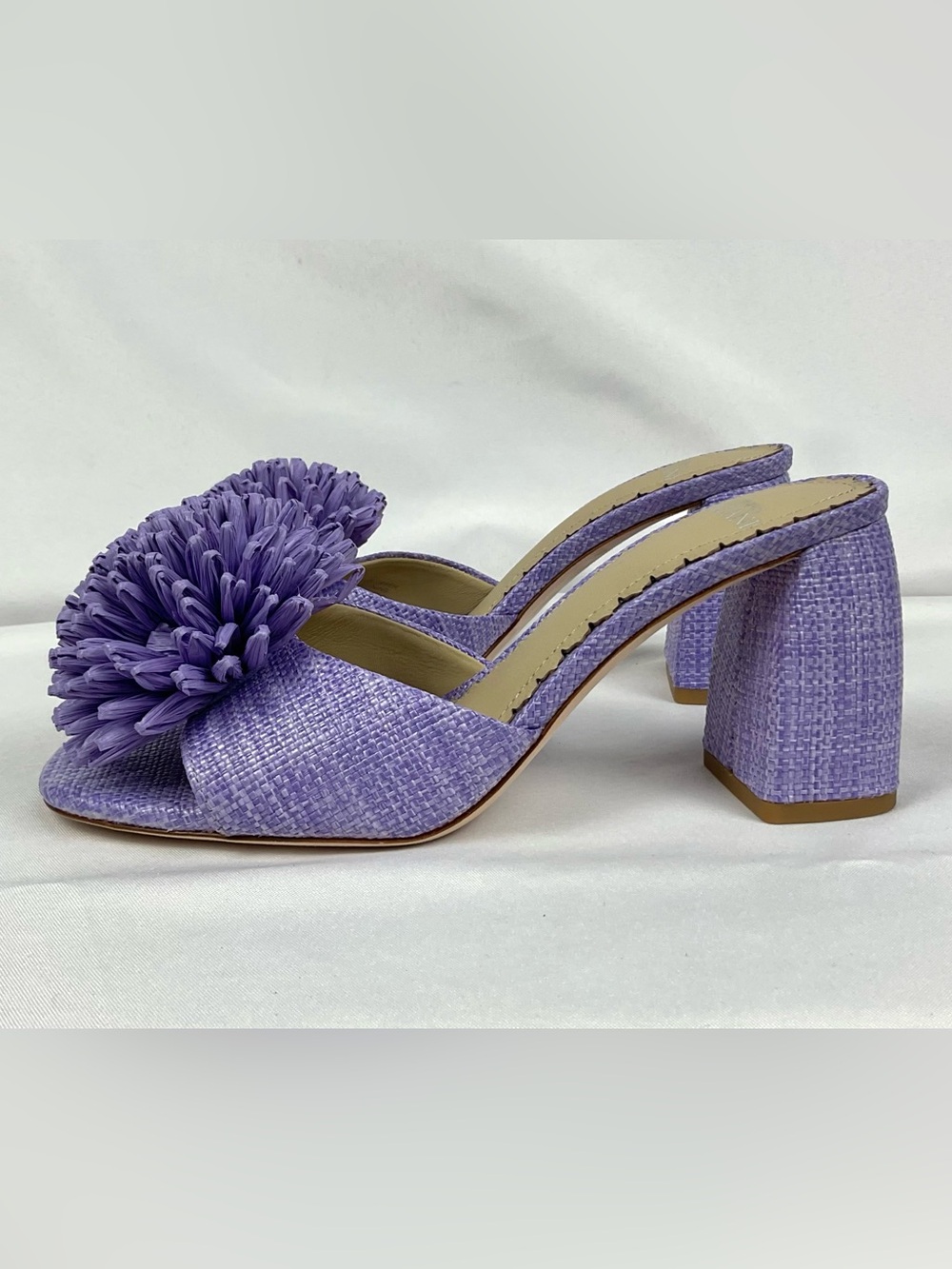 NEW ANTONIO MELANI Glora Sandals Raffia Lilac Pom-Pom Block Heel Sz 6.5